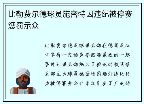 比勒费尔德球员施密特因违纪被停赛惩罚示众